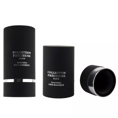 عبوة أنبوب عطر أسود دائري مسطح مع إدراج EVA بختم فضي لتغليف أنبوب مستحضرات التجميل