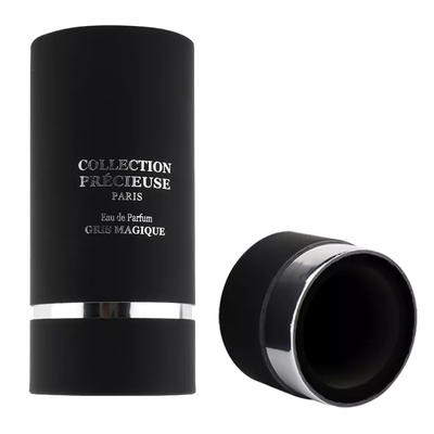 عبوة أنبوب عطر أسود دائري مسطح مع إدراج EVA بختم فضي لتغليف أنبوب مستحضرات التجميل